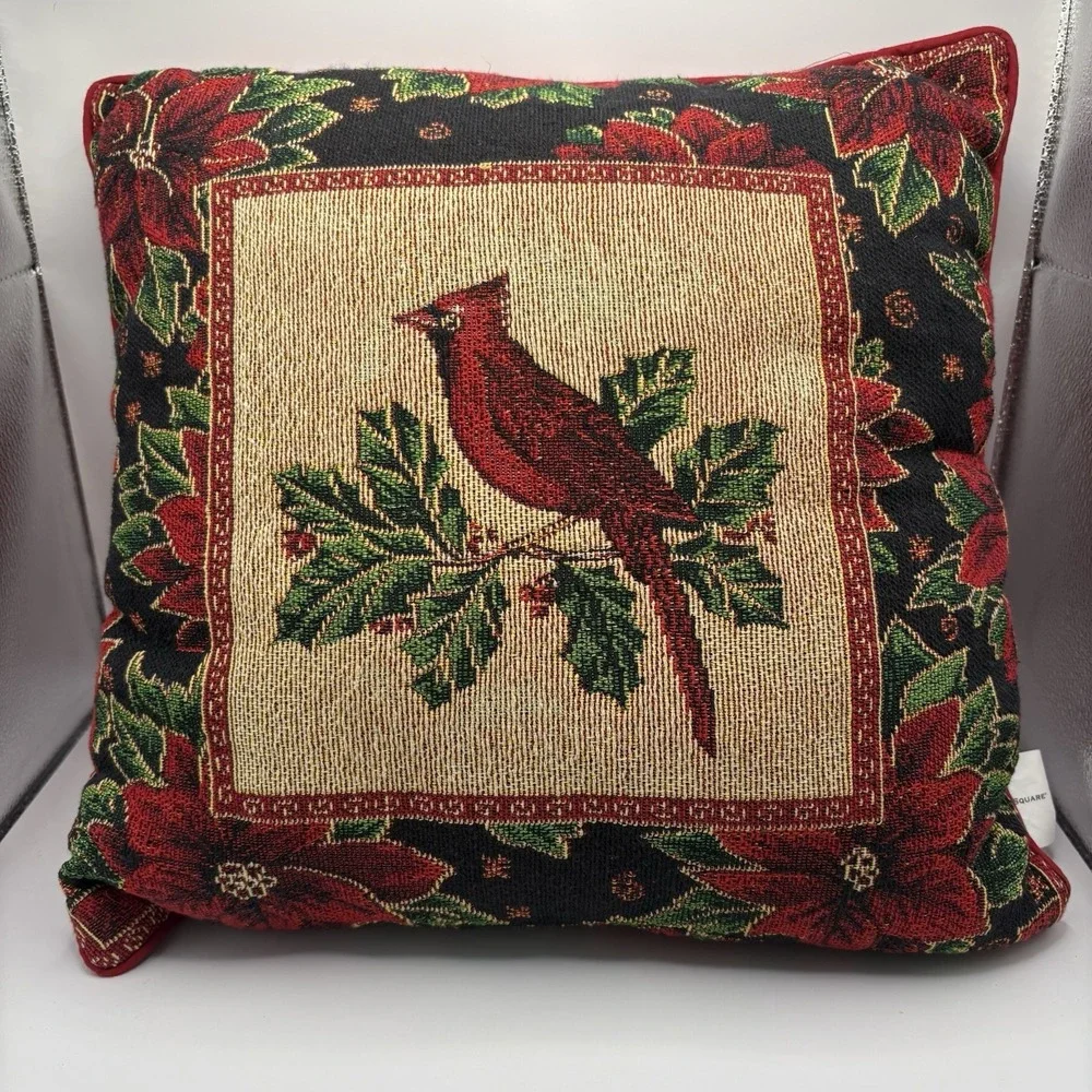 14x14 Woven Tapestry Christmas Throw Pillow Cardinal Poinsettia St Nicholas